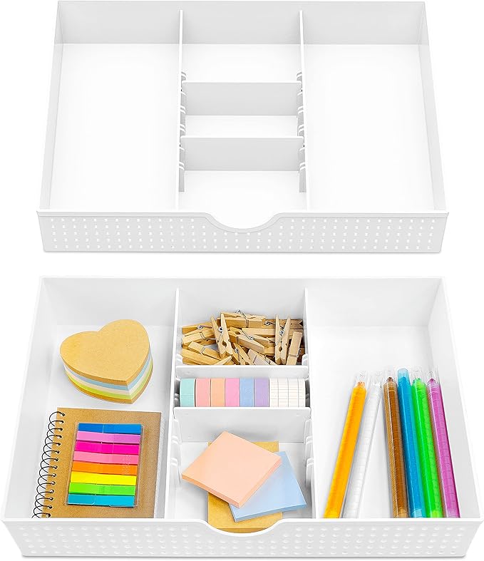 CAXXA 2PK - 3 Slot Drawer Organizer with Two Adjustable Dividers - 5 Compartments Drawer Storage Junk Drawer Organizer for Office Desk Supplies and Accessories, White
