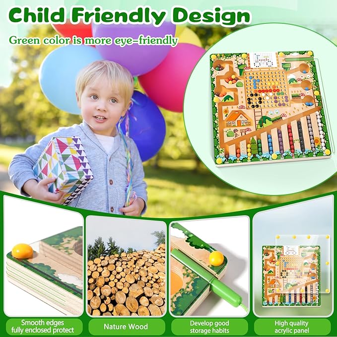 Magnetic Color and Number Maze Montessori Toys for 3+ Year Old Kids Wooden Drawing Board with Magnetic Beads Educational Learning Toys Counting Matching Toys