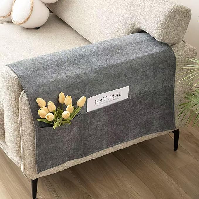 2 Pack Armchair Caddy for Couch Remote Control Holder Recliner Armrest Organizer Non Slip Sofa Arm Chair Caddie with 3 Pocket Storage for Magazine, Tablet, Phone, iPad (Charcoal Gray)