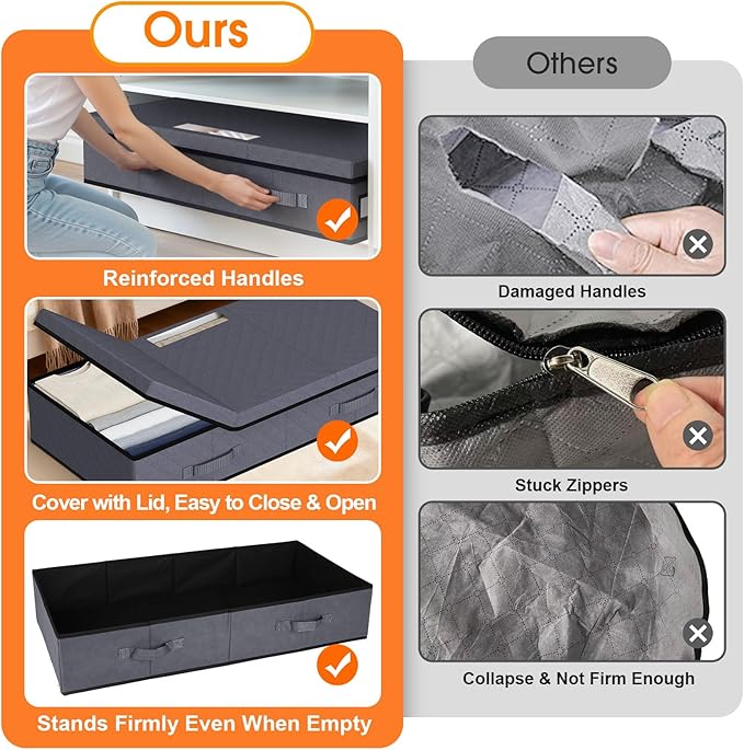 Under Bed Storage Containers with Lids - 3 Pack, Foldable and Stackable Clothes Storage Bags with Clear Window, 3-Sided Handles and Label Slot for Clothing, Blankets, Pillows (Grey)