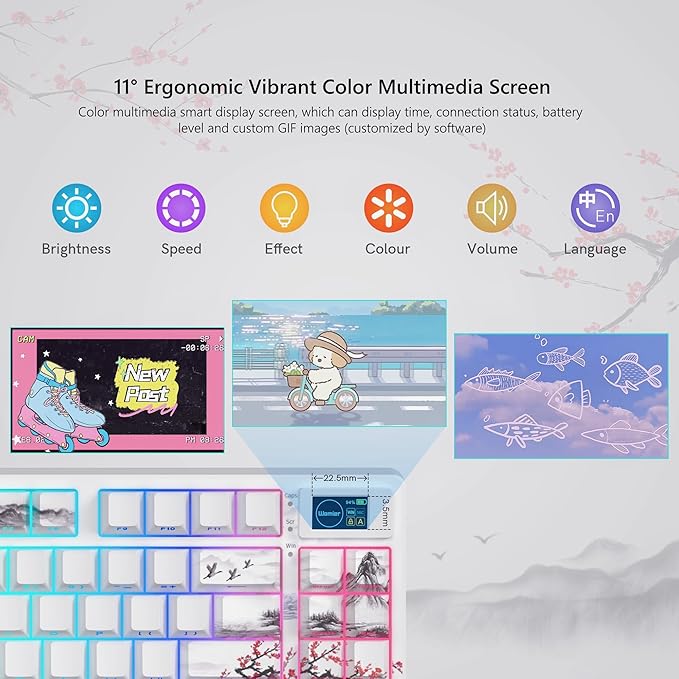 Womier 75% Wireless Mechanical Keyboard with Color Multimedia Screen Gaming Creamy Keyboard, Theme 3-Modes Hot Swappable Key Board w/Wrist Rest,SK80 PRO Gasket RGB Custom for Mac/Win,Red Plum