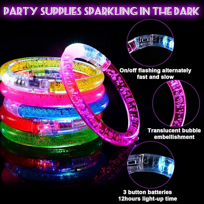 24Pcs Glow in the Dark Party Supplies for Kids/Adults, Flashing Light up Toys LED Bracelets Glow Sticks,Valentines Mardi Gras Party Favors Carnival Birthday Concert Gifts Accessory