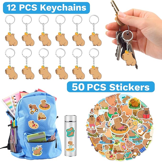 98 PCS Capybara Party Favors, Capybara Temporary Tattoos, Slap Bracelets, Keychains, Stickers, and Badges for Kids Capybara Birthday Party Decorations and Classroom Rewards