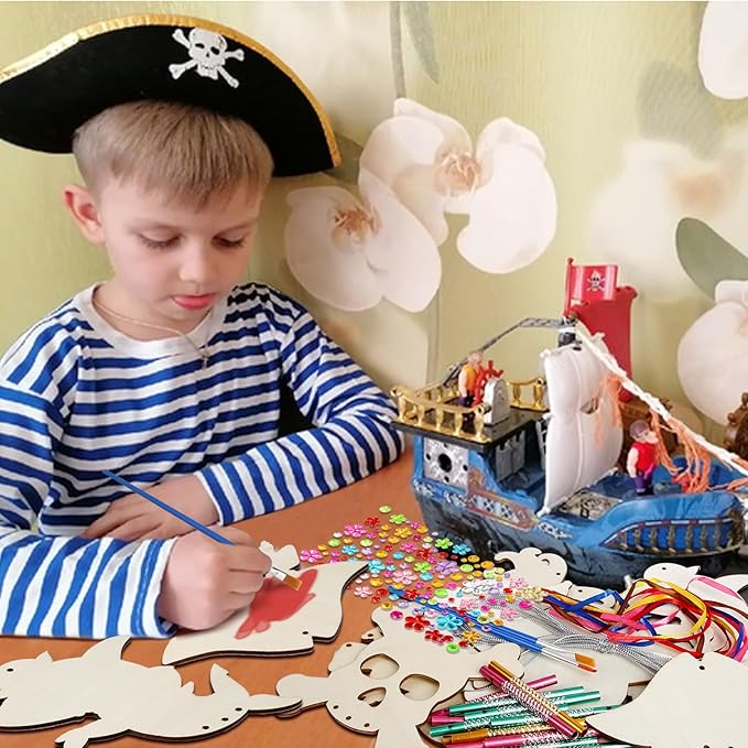 Fennoral 9 Pack Wind Chime Kit for Kids Make Your Own Pirates Wind Chime Wooden Arts and Crafts for Girls Boys Ornaments DIY Coloring Pirates Craft for Christmas Art Activity Birthday Party