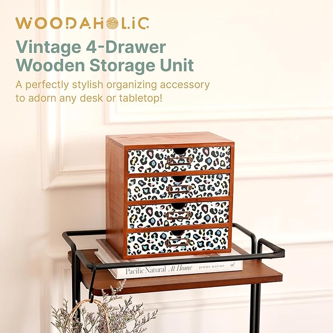 Colorful Leopard Print Wooden Desk Organizer - 4-Drawer Desktop Storage Cabinet for Office Supplies, Craft Tools & Home Organization - Trendy Wood Design for Crafters, Art Enthusiasts, Students