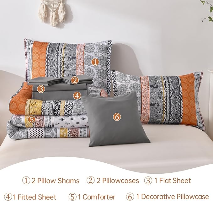 Cottolester Boho Comforter Set Queen Size,8 Pieces Orange Bohemian Striped Bed in a Bag,Paisley Soft Microfiber Bedding Comforter Set