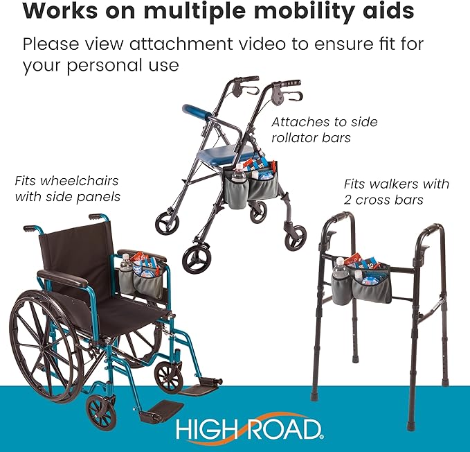 High Road Wheelchair Side Bag - Stretch Neoprene Walker Pouch with Insulating Cup Holder and 2 Storage Pockets