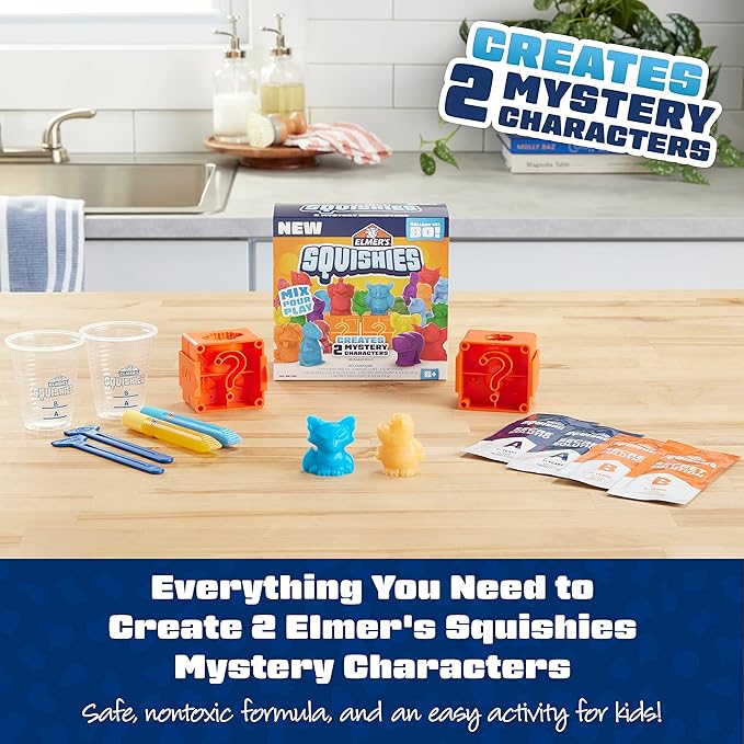 Elmer’s Squishies Kids’ Activity Kit, DIY Squishy Toy Kit Creates 2 Mystery Characters, 12 Piece Kit