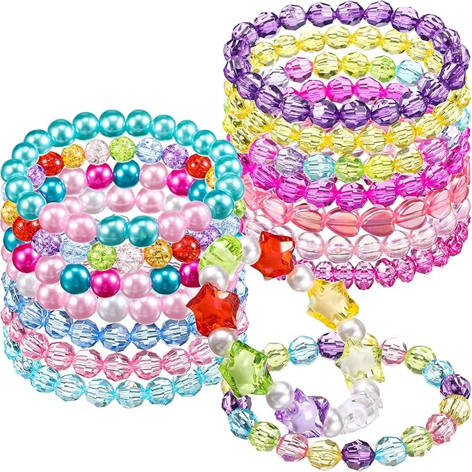 Junkin 16 Pieces Kids Bracelet for Girls Princess Bracelet Cute Rainbow Bead Bracelets Little Girls Jewelry for Birthday Party Favors Valentine's Day Exchange Gifts