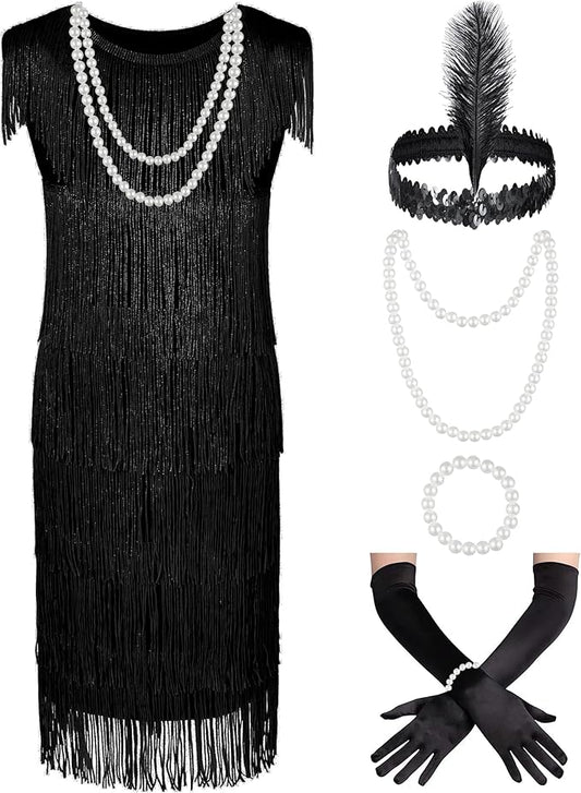 Kids 1920s Flapper Costume for Girls Dress with Accessories Set Kids Halloween Party Cosplay 4-12 Years