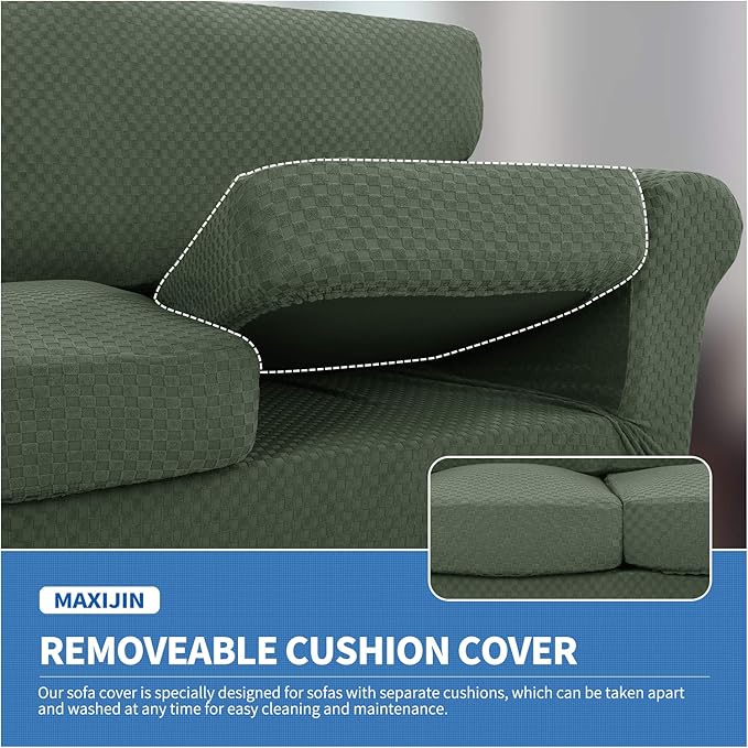 MAXIJIN 3 Piece Stretch Couch Covers for 2 Cushion Couch Sofa Slipcovers with 2 Extra Large Seat Cushion Couch Jacquard Loveseat Sofa Couch Cover for Dogs (2 Cushion Sofa, Army Green)