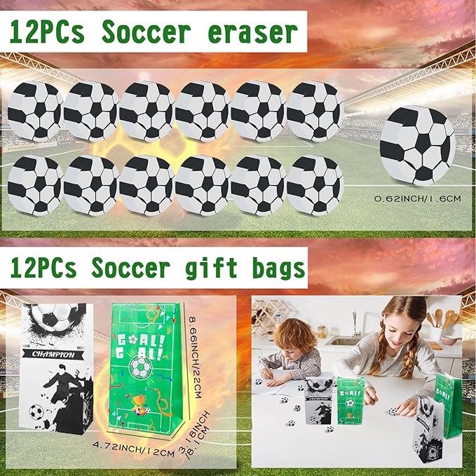 158Pcs Soccer Party Favors with Soccer Party Bags Soccer Whistle Mini Foam Soccer Ball Slap Bracelets Keychains Sticker Tattoo for Party Goodie Bag Fillers Soccer Party Decorations