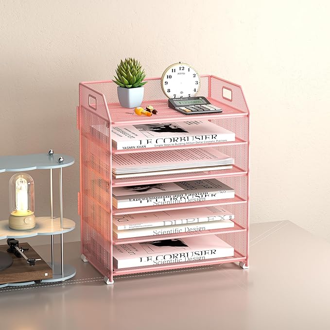 6 Tier Desk Organizer, Heavy-Duty Thick Metal Letter Tray Organizer, Large Capacity Desktop File Organizer for Heavy Files, Easy to Assemble for Home, Office & Classroom,Black,Pink