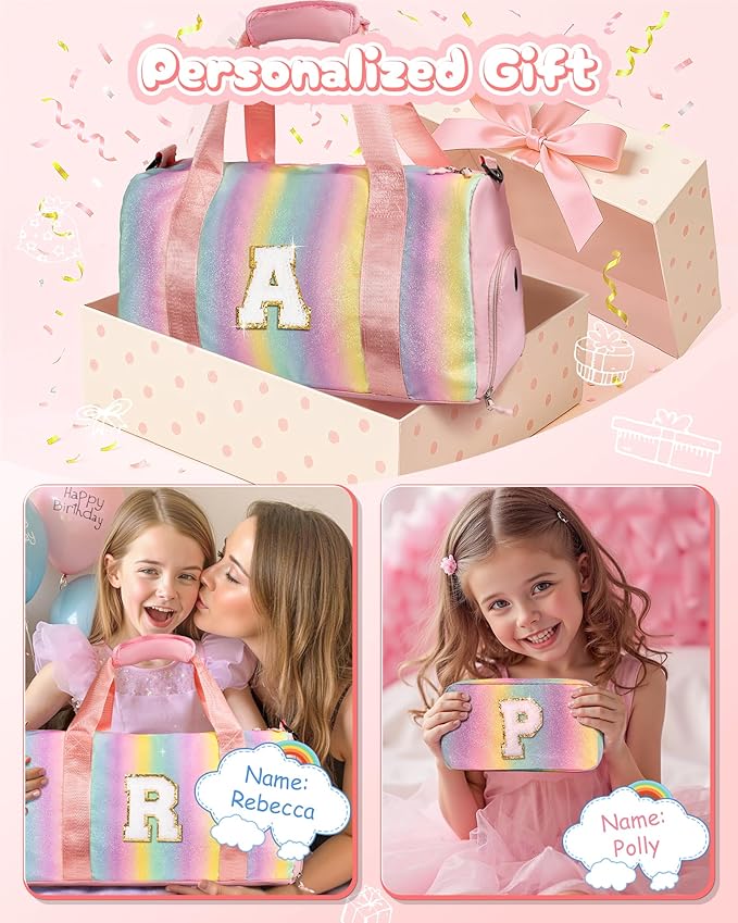 Gifts for Girls-Girl Gym Bag with Shoe Compartment, Kid Personalized Weekender Overnight Bags, Initial Travel Tote with Makeup Pouch, Gift for 3 4 5 6 7 Year Old Kids (Letter T)