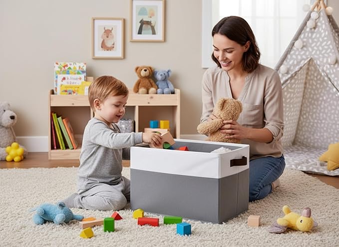 Cupic Cupid Storage Bins Closet, Fabric Closet Organizers and Storage, 6-Pack Baskets for Organizing, Large Storage Boxes with Handles for Clothes and Toys, Gray and White