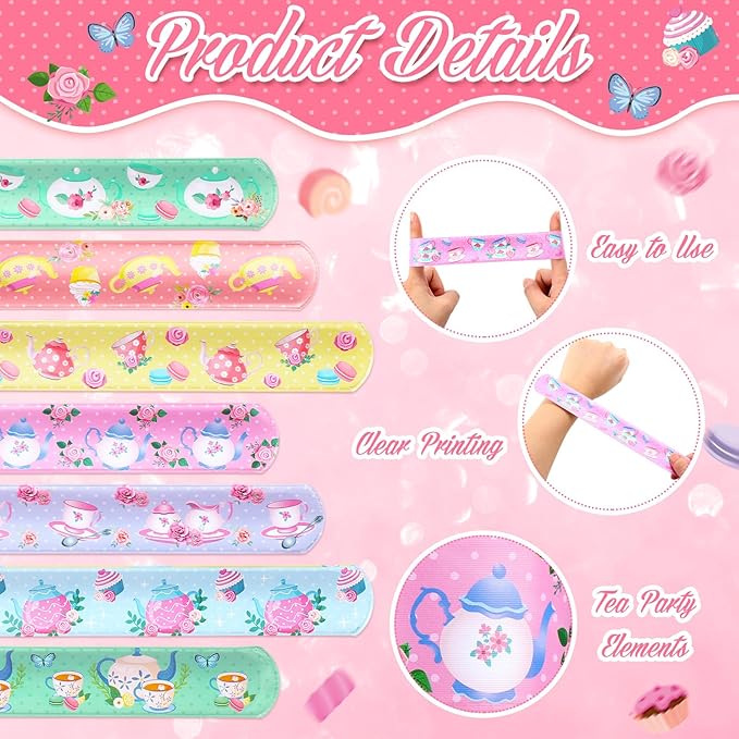 Junkin 48 Pcs Tea Party Favors Floral Slap Bracelet Supplies Tea Party Supplies Decoration Girls Pink Teapot Flower Bracelets for Partea Birthday Baby Shower Decor