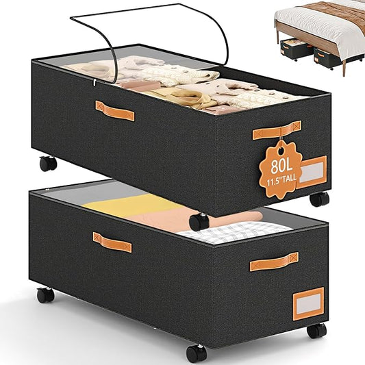 Under Bed Storage with Wheels,12inch Tall Under Bed Storage XXL 80L, Under Bed Storage Containers with Clear Lids,No Assemble Rolling Storage Bins Large Capacity for Closet, Blankets,Shoes,Toys