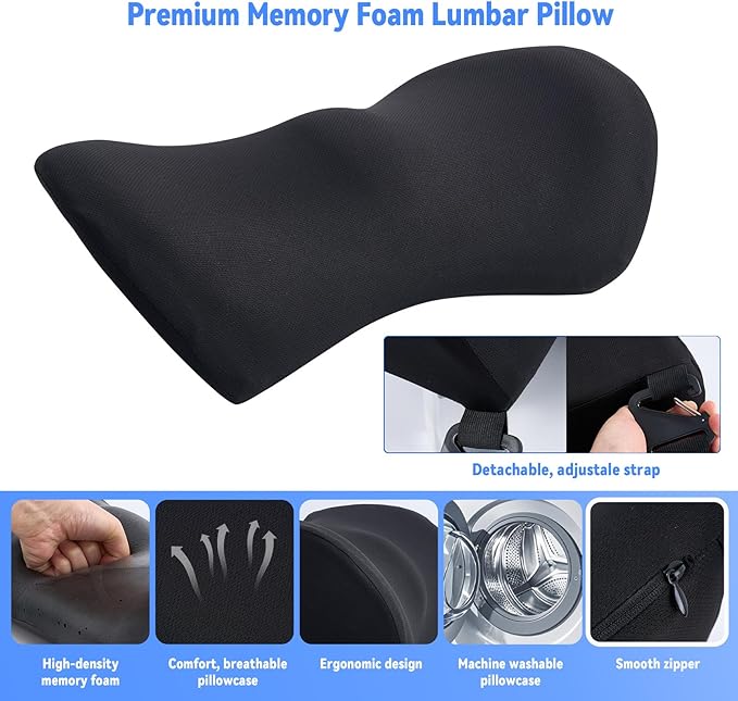 Lumbar Support Pillow for Office Chair and Car Seat, Lumbar Pillow with Adjustable Strap, Memory Foam Back Pillow for Lower Back Pain Relief, Back Support Pillow for Sitting, Driving, Traveling