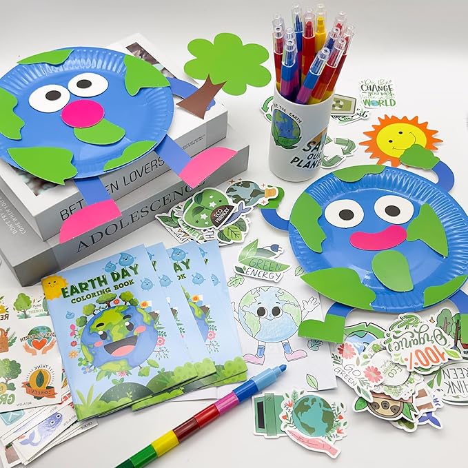 Cinrobiye 72 Pcs Earth Day Party Favors Gifts，Save the Planet Coloring Books with Stacking Crayons，Earth Party Crafts DIY Kit，Travel Party Stickers World Environment Day Decorations for Classroom