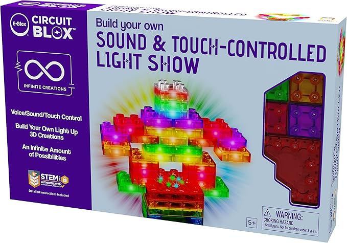 E-Blox Building Blocks STEM Circuit Kit, Build Your Own Sound & Touch Controlled Light Show, LED Lights Fade in & Out, Reacts to Voice & Music, Science, Birthday Gift, Boys, Girls, 5+