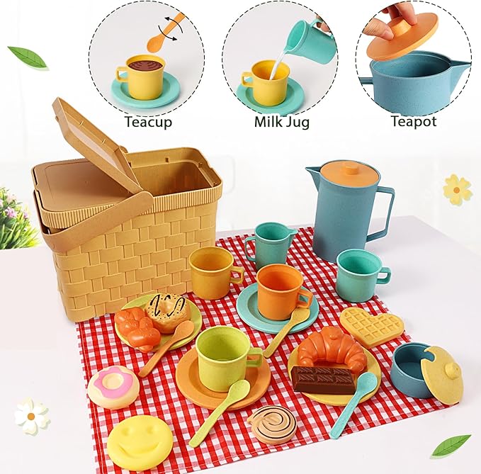 HERSITY Picnic Basket Toys for Toddlers, Kids Play Tea Sets with Teapot Tea Cup Dessert Food and Mat, Pretend Play Kitchen Accessories Tea Party Set Little Girl Boy Age 3 4 5