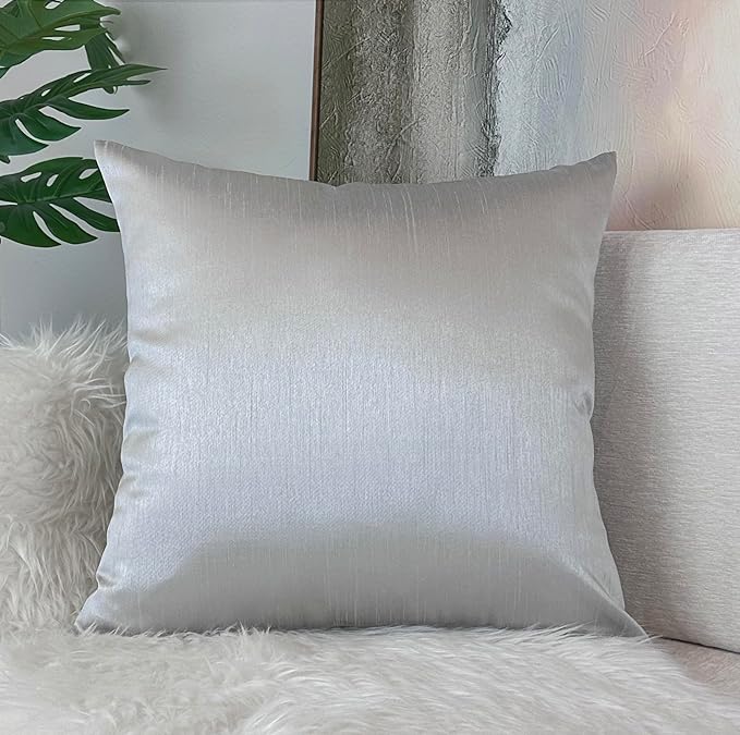 Aiking Home 20x20 Inches Faux Silk Square Throw Pillow Cover, Zipper Closure, Silver (Set of 2)