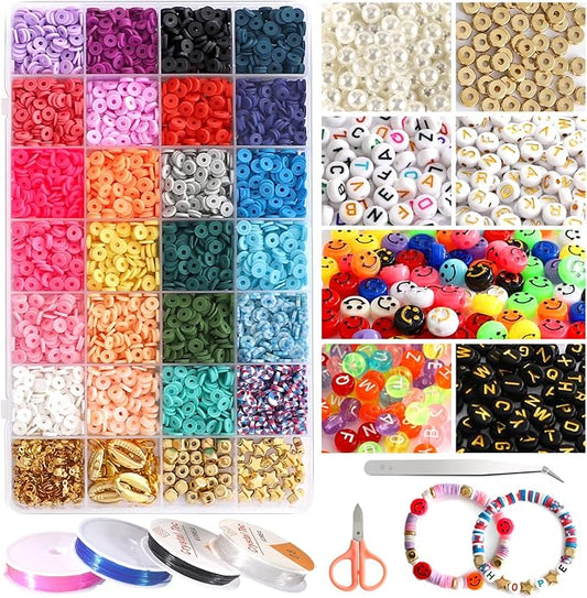 KAMJUNTAR 6000PCS Clay Beads for Bracelets Making Kit,24 Colors Flat Heishi Polymer Clay Beads for Jewelry Making with Letter Beads Smiley Face Beads Gift for Kids Girls DIY Necklace Bracelet