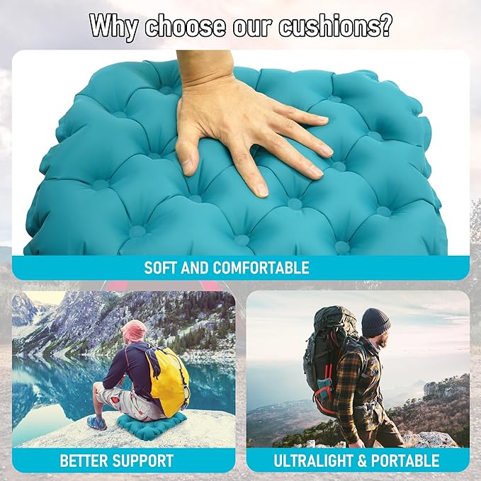 BreezCamp Inflatable Seat Cushion, Lightweight Stadium Seat Pad, Camping Accessories Chair Pad for Airplane Travel, Hiking, Climbing, Home and Office,Peacock Blue