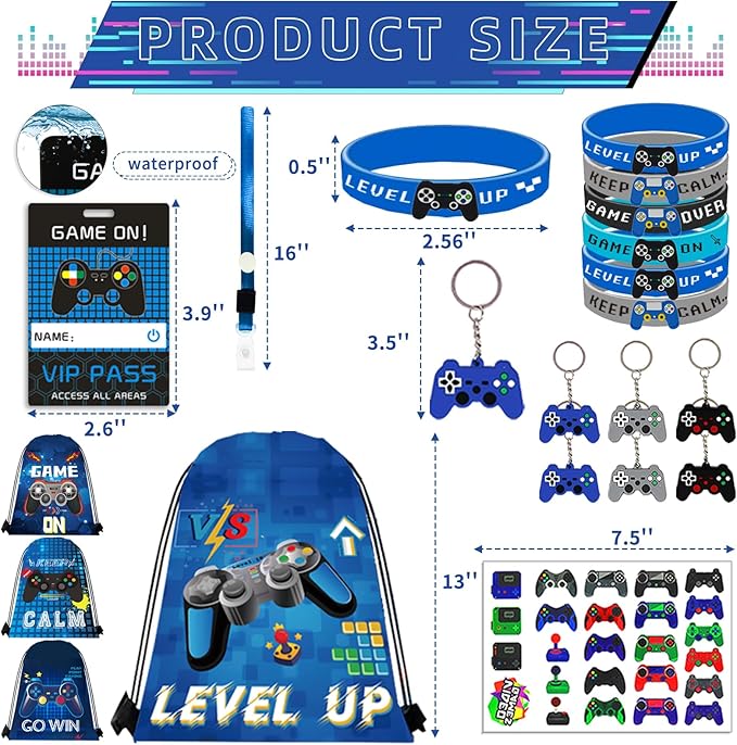 122Pcs Video Game Party Favors, Gamer Party Favors for Boys Includes 13 x 11 Inch Video Game Party Drawstring Bags Bracelets VIP Passes with Lanyards Keychains Tattoo Stickers for Gaming Party Favors