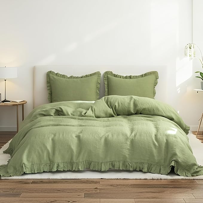 Simple&Opulence 100% Linen Duvet Cover Set, Natural French Flax Sage Green Ruffle Duvet Cover Twin Size, Breathable Comfy Linen Bedding Comforter Cover with 1 Pillowcase (Sage Green, 68" x 86")