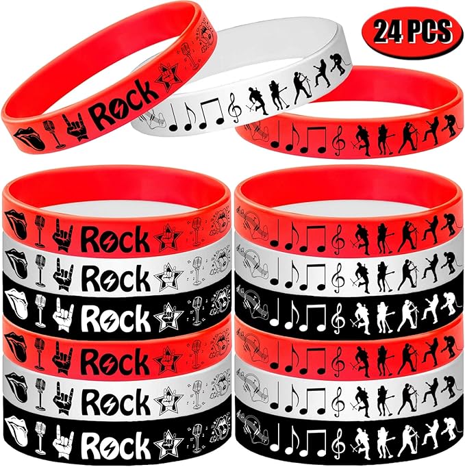 24PCS Rock and Roll Silicone Bracelets Rubber Wristbands -Music Party Favors Music Notes Party Decorations Musican Guitar Audio Record Microphone Rap Birthday Baby Shower