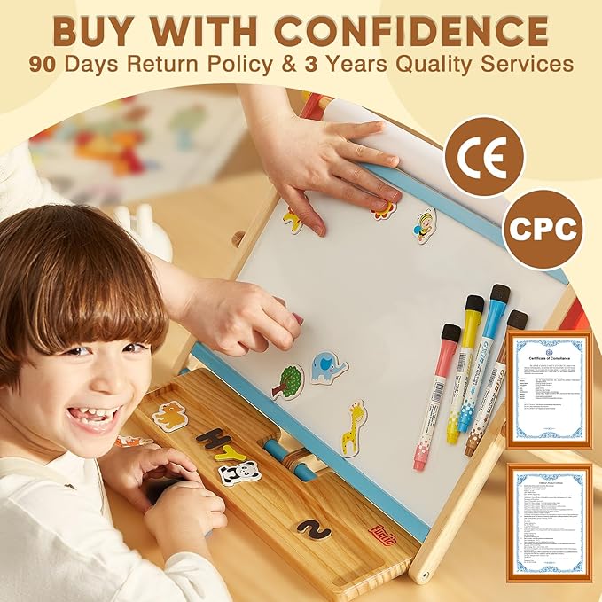 FUNLIO Anti-Warping Tabletop Easel for Kids Ages 3+ (100+ Pcs), Wooden Double-Sided Magnetic Table Easel with 3 Adjustable Angles, Kids Easel with Whiteboard, Chalkboard & Paper Roll, Foldable - Blue
