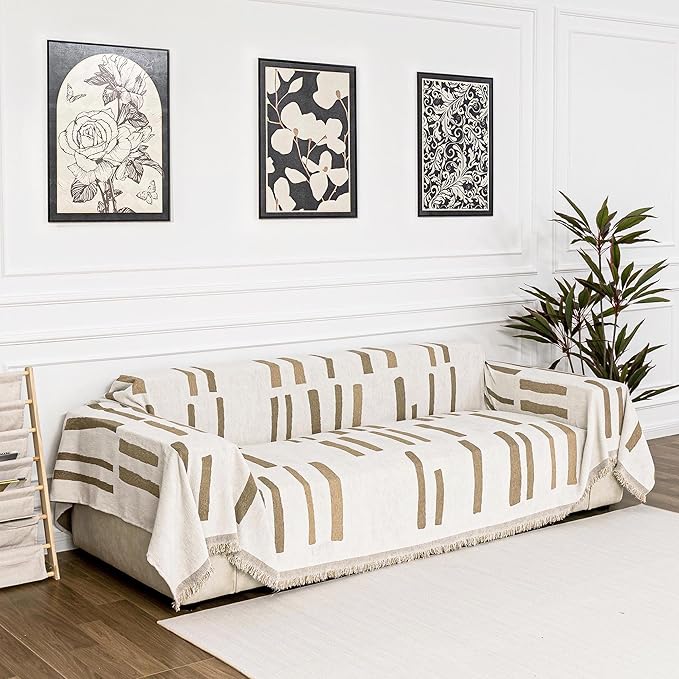 MYSKY HOME Sofa Covers for Sectional Sofa, Couch Cover for Dogs, Couch Covers with Tassel Loveseat Covers Futon Cover L Shaped Cover Washable Chenille Couch Protector, 71" x 134", Khaki Piano Key