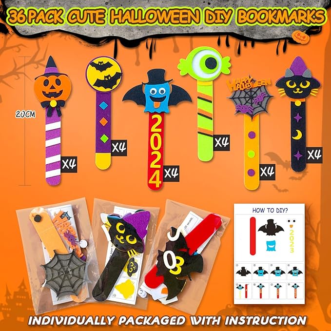 36 Piece Halloween Crafts for Kids Ages 4 8 12, Halloween DIY Bookmark Craft Bulk for Party Favors, Halloween Classroom Crafts Rewards Prizes for Students, Trick or Treat Goodie
