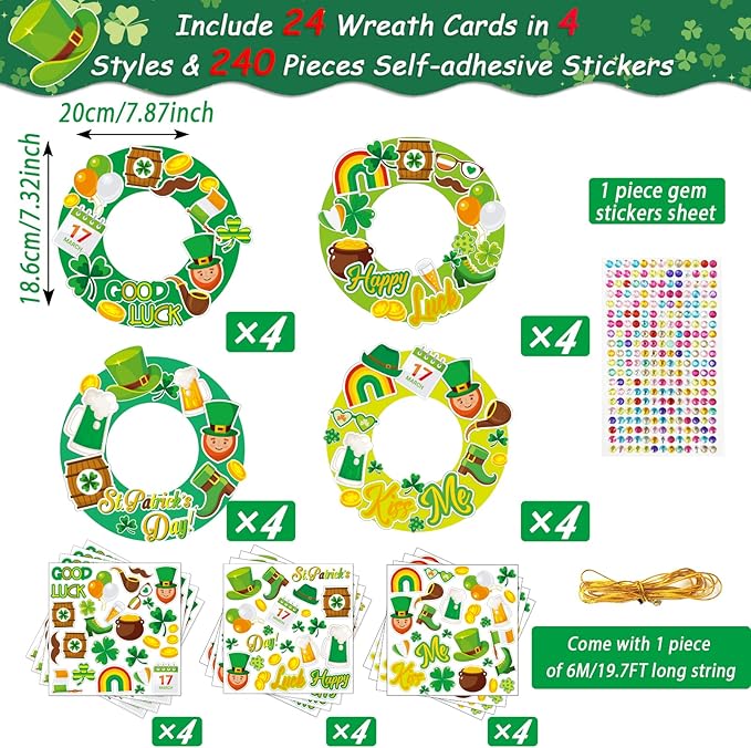 chiazllta 24 Pcs St. Patrick's Day Craft for Kids St. Patrick DIY Wreath Ornaments Sign Kits Irish Lucky Shamrock Leprechauns Stickers for Preschool Kindergarten Classroom Home Game Activities