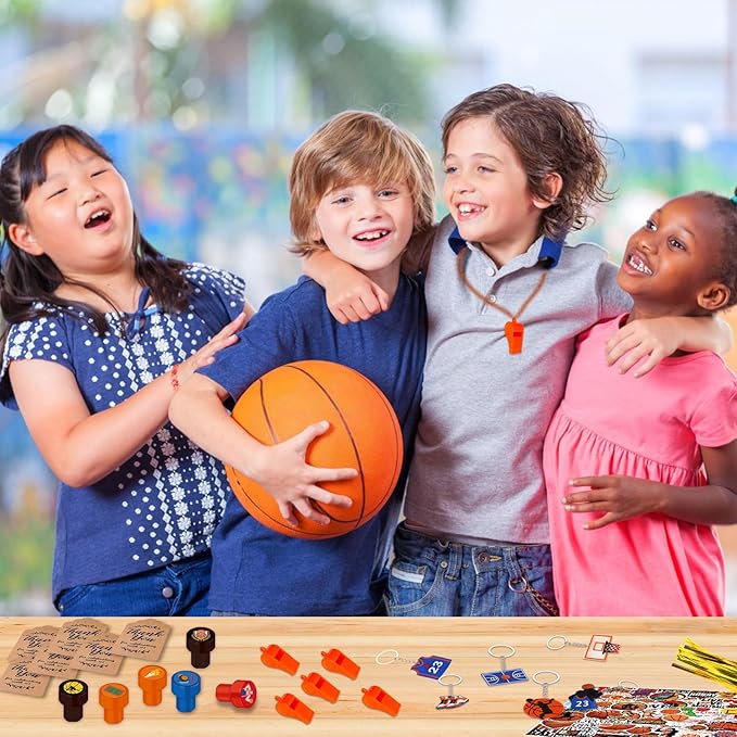 Basketball Party Favors 170 Pcs Basketball Birthday Party Decoration With Cups Straws Slap Bracelets Whistles Stress Balls Wristbands Keychains Stamps Stickers Thank you Tags (Basketball)