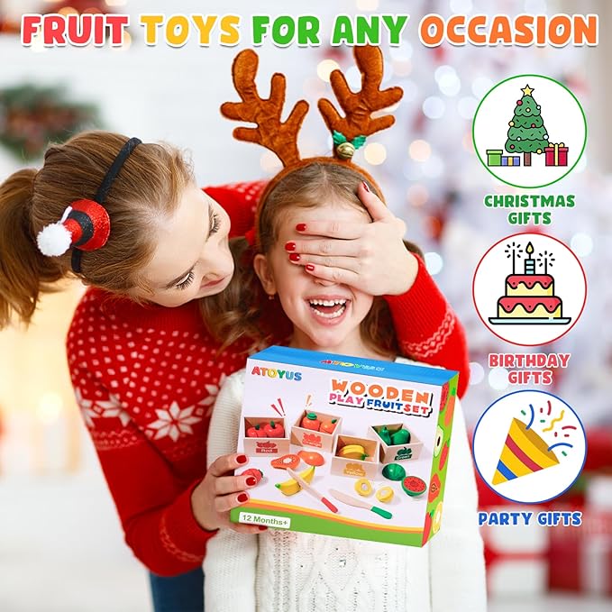 Fruit Sets - Kids Learning Toys for Toddlers 1-3, Play Kitchen Accessories Pretend Play Toys, Play Food Sets for Kids Kitchen, Wooden Fruit Preschool Toys for Girl Boy Christmas Birthday Gifts