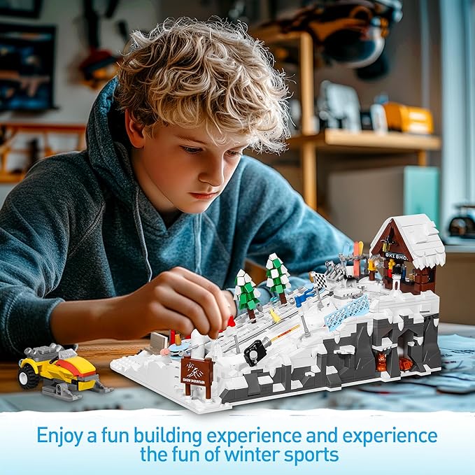 Winter Ski Resort Building Block, City Ski and Climbing Center Building Block with Ski Shop and Snowmobile, Ski Slope Block for Winter Sports Play, Fun Gift Idea for Kids and Ski Fans, 2200Pcs