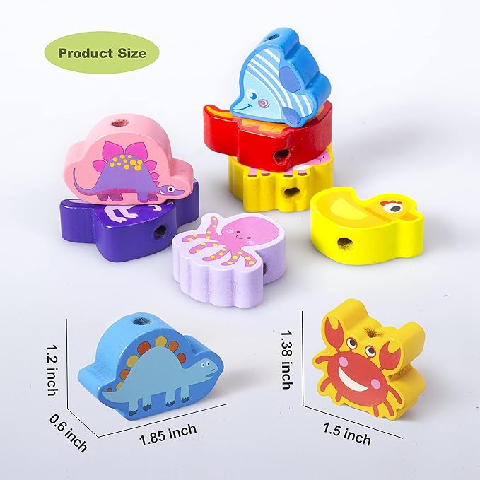 Montessori Educational Wooden Lacing Beads Toys for Toddler 3 4 5 Year Old, Farm Animals Dinosaur Fish Threading Toys Preschool Stringing Fine Motor Skills Toy for Boys Girls
