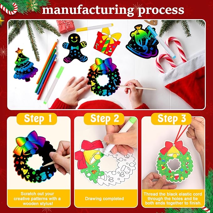Garma 36Pcs Christmas Crafts Scratch Art for Kids, Rainbow Scratch Paper Christmas Ornaments Crafts Christmas Party Favors Toys Xmas Tree Ornaments Hanging Craft Art Kits