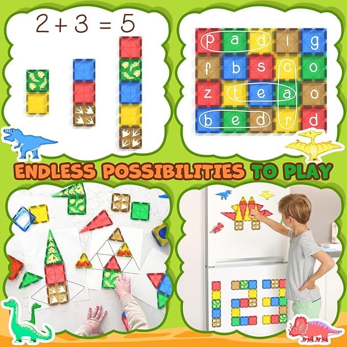 Dinosaur Toys Magnetic Tiles Building Blocks Kids Toys - Dinosaur World STEM Magnet Toys for Toddlers Creative Construction Play for 3+ Year Old Boys Girls Ideal Preschool Learning Sensory Toys