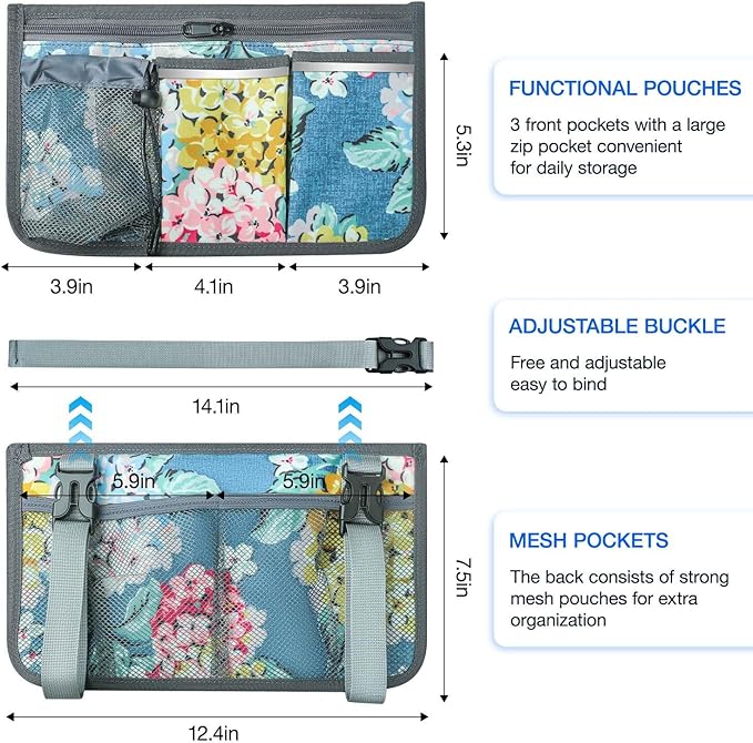 Wheelchair Bag, Walker Bag, Wheelchair Side Bag, Armrest Organizer Pouch with Cup Holder Attachment and Reflective Strip, Accessories for Most Wheelchairs, Walker, Rollators, Blue Flowers