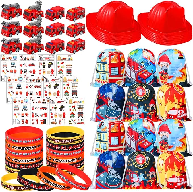 Leitee 60Pcs Firefighter Party Favors Fire Truck Birthday Party Supplies Decorations Including Fire Truck Toy Kids Boys Helmets Tattoo Wristband Drawstring Bag Silicone Bracelet for Fireman Party Gift
