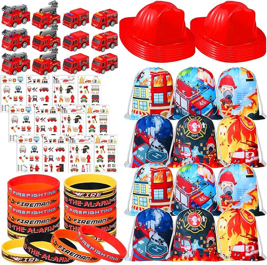 Leitee 60Pcs Firefighter Party Favors Fire Truck Birthday Party Supplies Decorations Including Fire Truck Toy Kids Boys Helmets Tattoo Wristband Drawstring Bag Silicone Bracelet for Fireman Party Gift