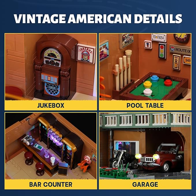 FUNWHOLE City Car-Hotel Lighting Building-Bricks Set - Road Trip Modular Twilight Motel Collection LED Light Car and Motorcycle Building Set 1970 Pcs for Adults and Teen