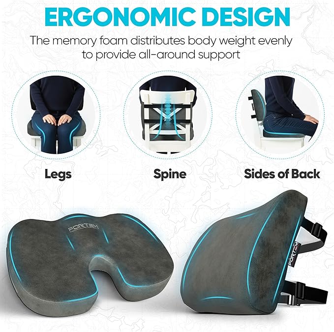 FORTEM Seat Cushion, Office Chair Cushion, Lumbar Support Pillow for Office Chair, Memory Foam Sciatica Coccyx Tailbone Pressure Pain Relief, Car Sitting Pad, Washable Non Slip