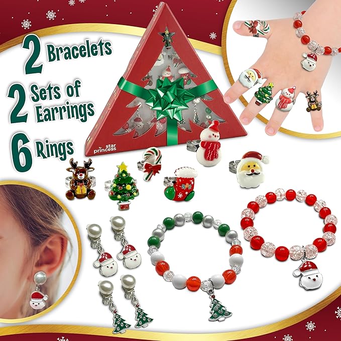 Christmas Stocking Stuffers Jewel Rings for Kids, Holiday Dress-Up Jewelry Set - Rings, Bracelets, Clip-On Earrings for Girls - Christmas Tree Gift Box, Christmas Gift for Girls Age 3 4 5 6 7 8 and Up