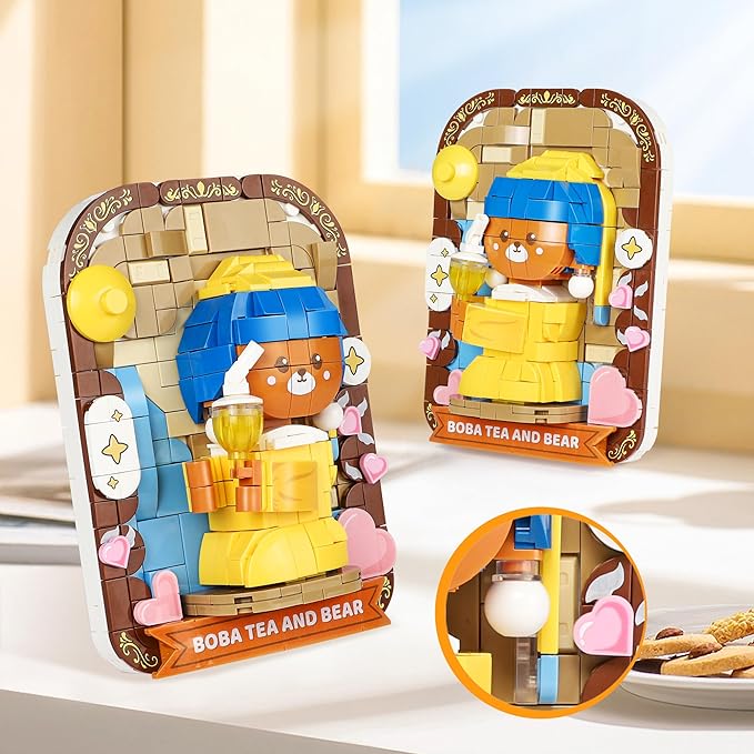 Cute 3D Painting Anime Toy Building Sets,Model Building Kits for Kids Adults,Boba Tea and Bear Building Blocks Sets ,Famous Art Sets for Women,Birthday Gifts for Kids(393+ Pieces Bricks)