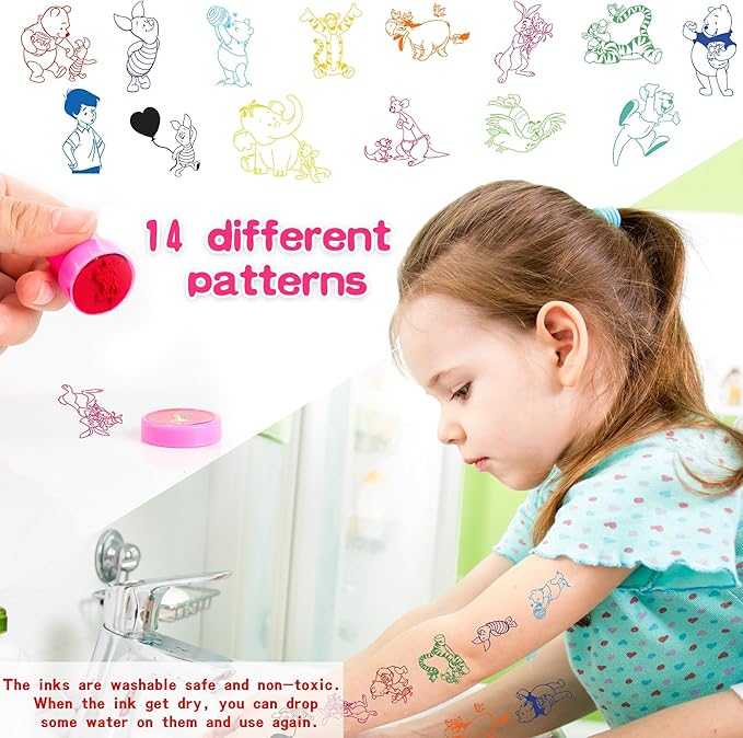 124PCS Bear Baby Shower Party Favor Supplies, Themed Birthday Decorations Including 12 Bracelets, 12 Keychains, 12 Button Pins, 50 Stickers, 14 Stampers, 12 Bubble Wands and Stickers, Yellow