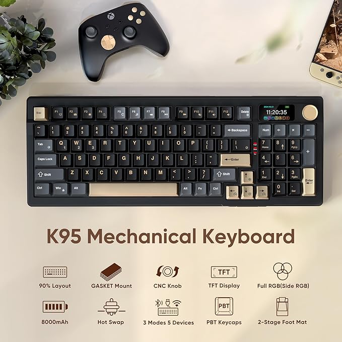 RedThunder K95 Wireless Mechanical Keyboard, TFT Screen & Knob, Tri-Mode BT5.0/2.4GHz/USB-C Hot Swappable Custom, Pre-lubed Linear Pink Switches, Gasket Structure, RGB Gaming Keyboard, Black-Gold